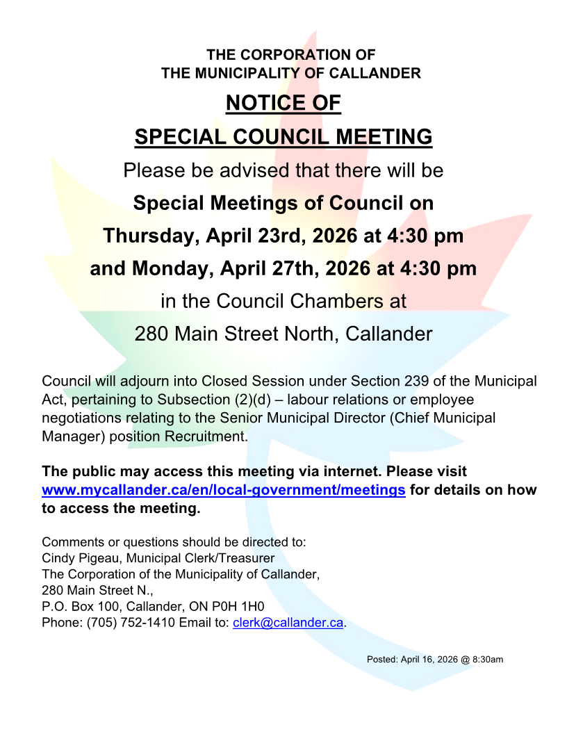 Special Meetings of Council on  Thursday, April 23rd, 2026,  and Monday, April 27th, 2026
